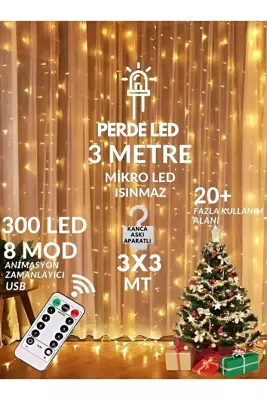 300 Ledli 10 Sarkıt Perde Led Işık-8 Fonksiyon, Uzaktan Kumandalı, 3x3 Metre - 3