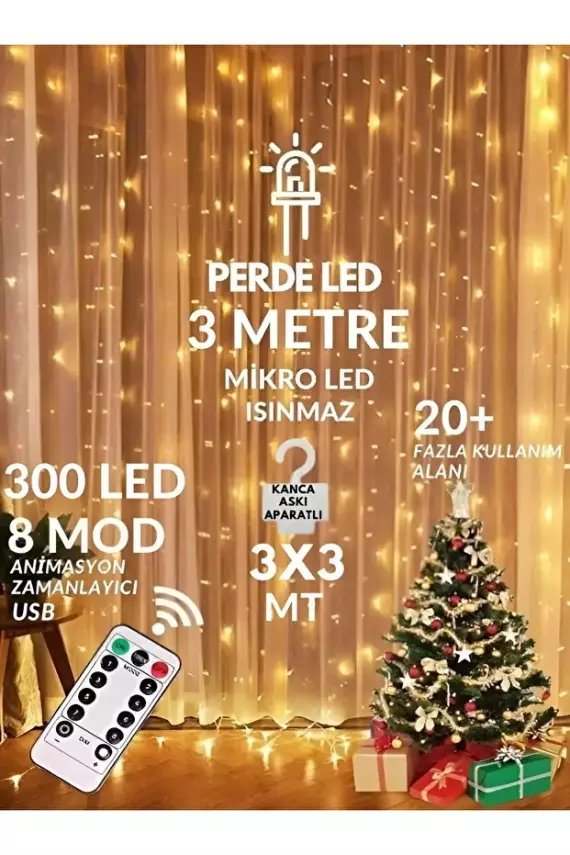 300 Ledli 10 Sarkıt Perde Led Işık-8 Fonksiyon, Uzaktan Kumandalı, 3x3 Metre - 3