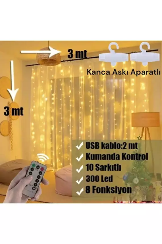 300 Ledli 10 Sarkıt Perde Led Işık-8 Fonksiyon, Uzaktan Kumandalı, 3x3 Metre - 4