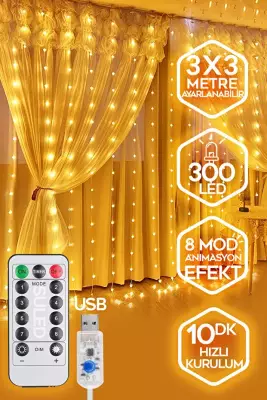 SULED Sl-1034- 300 Ledli 10 Saçaklı Sarı Led Kumandalı 8 Modlu Perde Led Peri Mutfak Işık Dekoratif Lamba